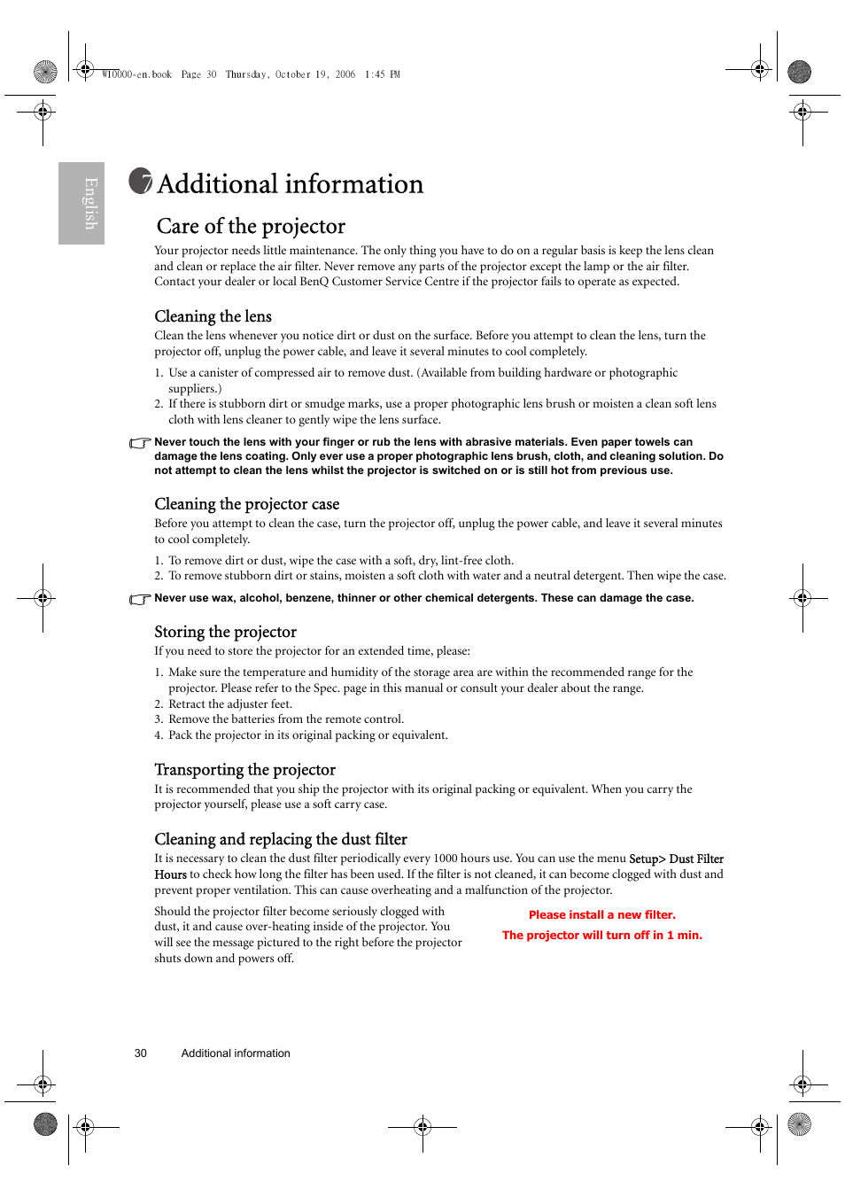 Additional information, Care of the projector, English | Cleaning the lens, Cleaning the projector case, Storing the projector, Transporting the projector, Cleaning and replacing the dust filter | BenQ W10000/W9000 User Manual | Page 30 / 36