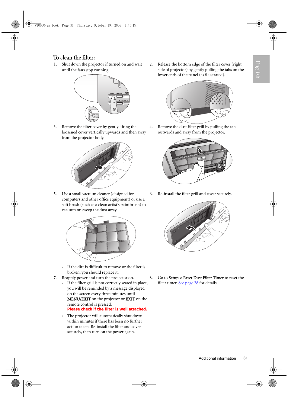 English to clean the filter | BenQ W10000/W9000 User Manual | Page 31 / 36