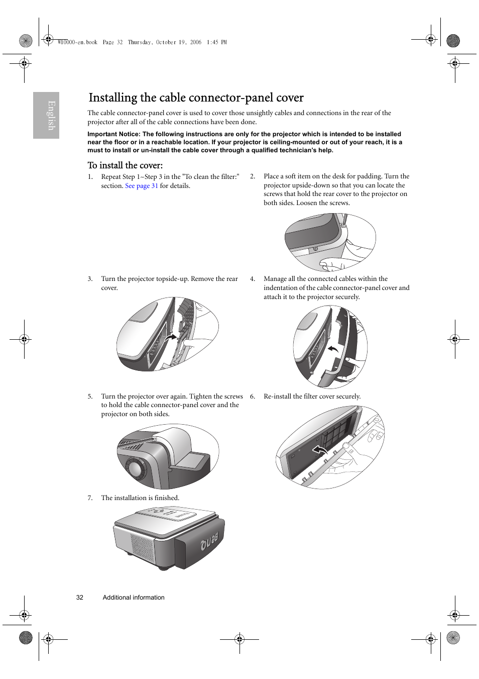Installing the cable connector-panel cover, English | BenQ W10000/W9000 User Manual | Page 32 / 36