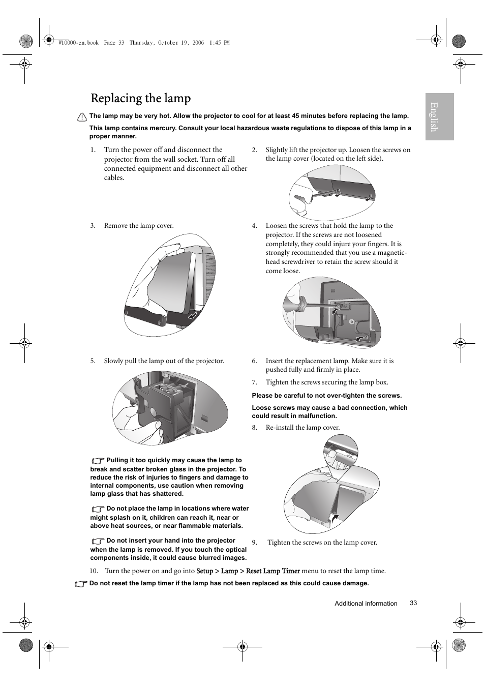 Replacing the lamp, English | BenQ W10000/W9000 User Manual | Page 33 / 36