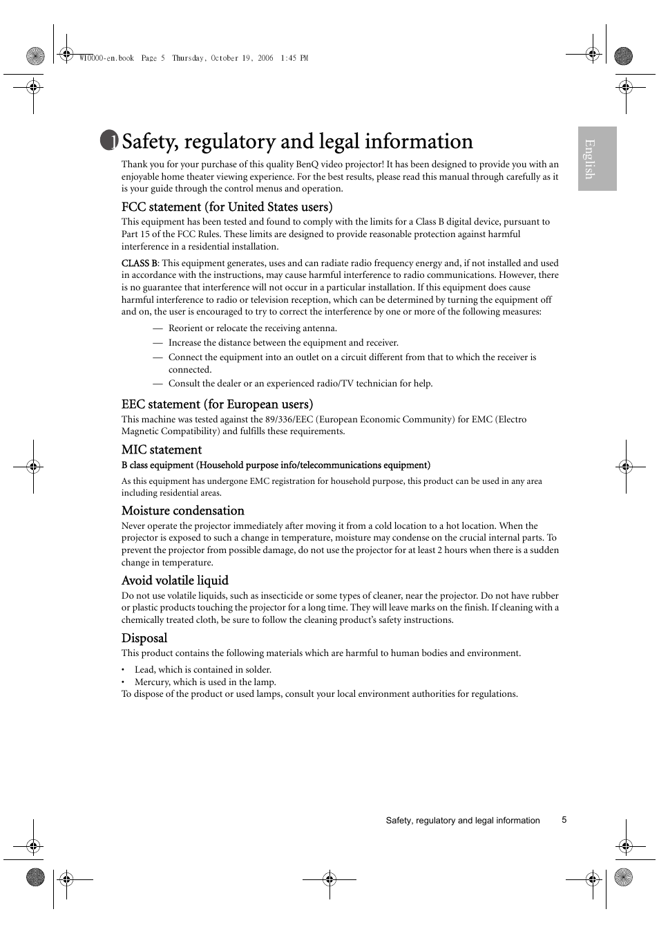 Safety, regulatory and legal information | BenQ W10000/W9000 User Manual | Page 5 / 36