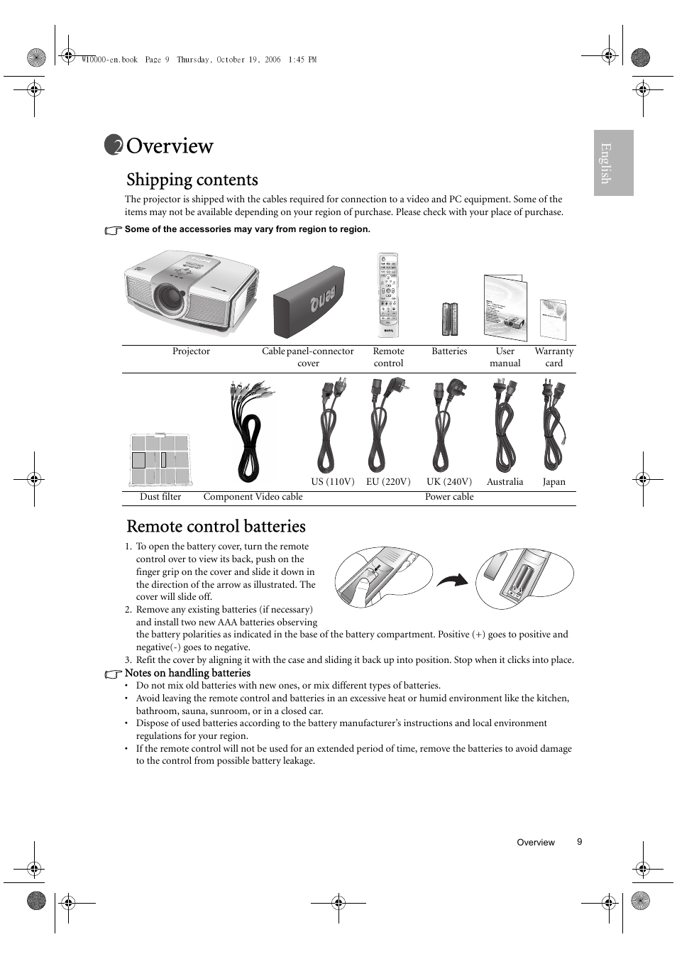 Overview, Shipping contents, Remote control batteries | English | BenQ W10000/W9000 User Manual | Page 9 / 36