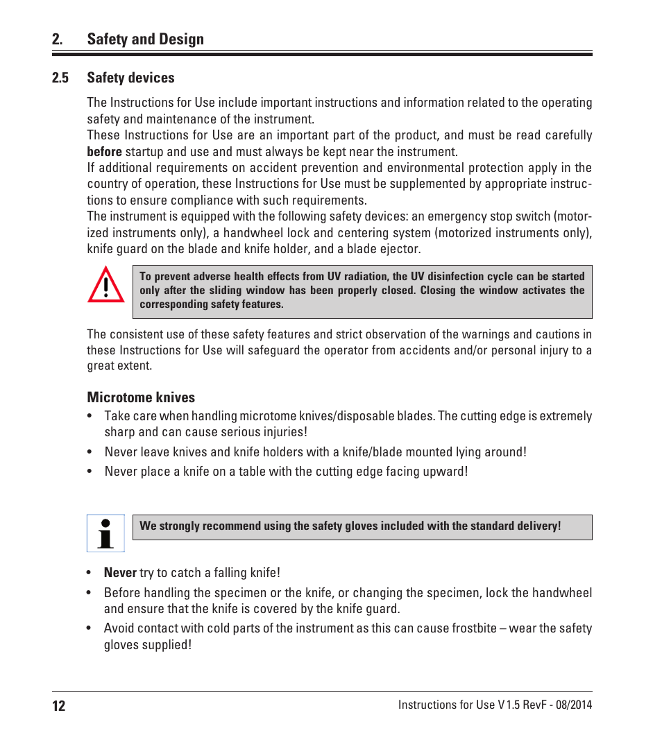 5 safety devices, Safety devices, Safety and design | Leica Biosystems CM1950 User Manual | Page 12 / 78