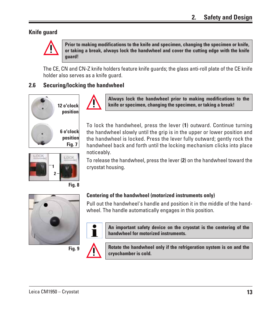 6 securing/locking the handwheel, Securing/locking the handwheel, Safety and design | Leica Biosystems CM1950 User Manual | Page 13 / 78