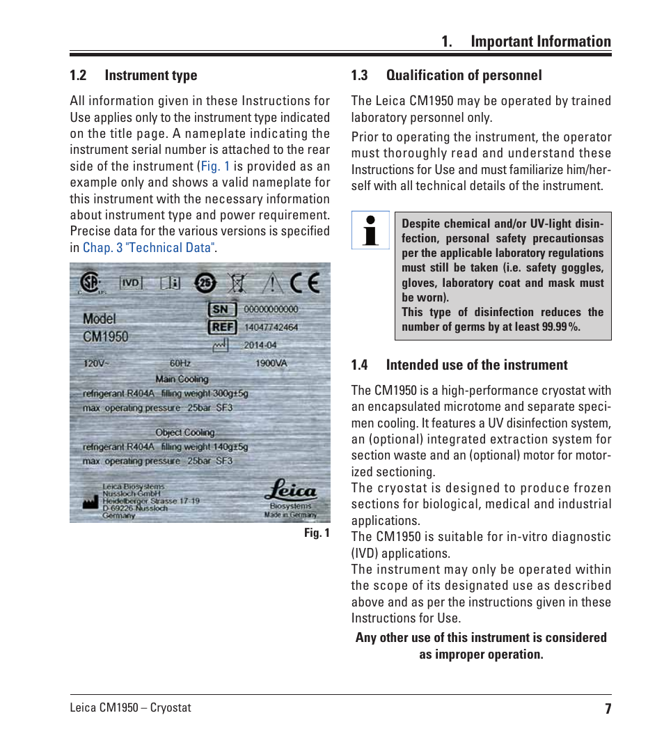 2 instrument type, 3 qualification of personnel, 4 intended use of the instrument | Instrument type, Qualification of personnel, Intended use of the instrument, Important information | Leica Biosystems CM1950 User Manual | Page 7 / 78