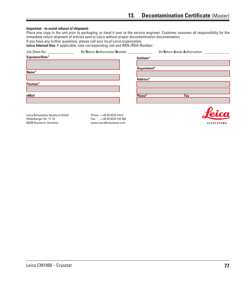 Decontamination certificate, Master) | Leica Biosystems CM1950 User Manual | Page 77 / 78