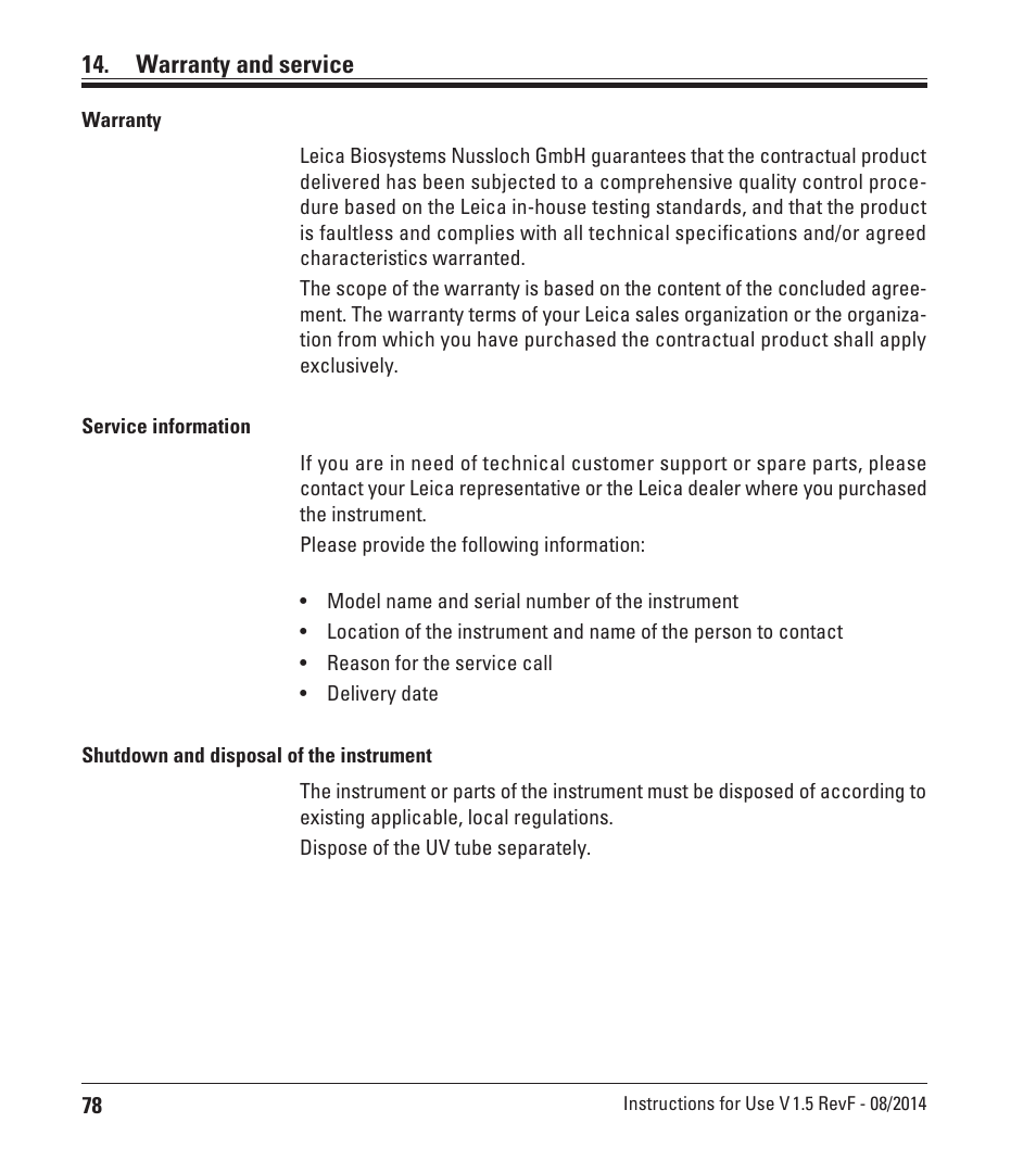 Warranty and service | Leica Biosystems CM1950 User Manual | Page 78 / 78