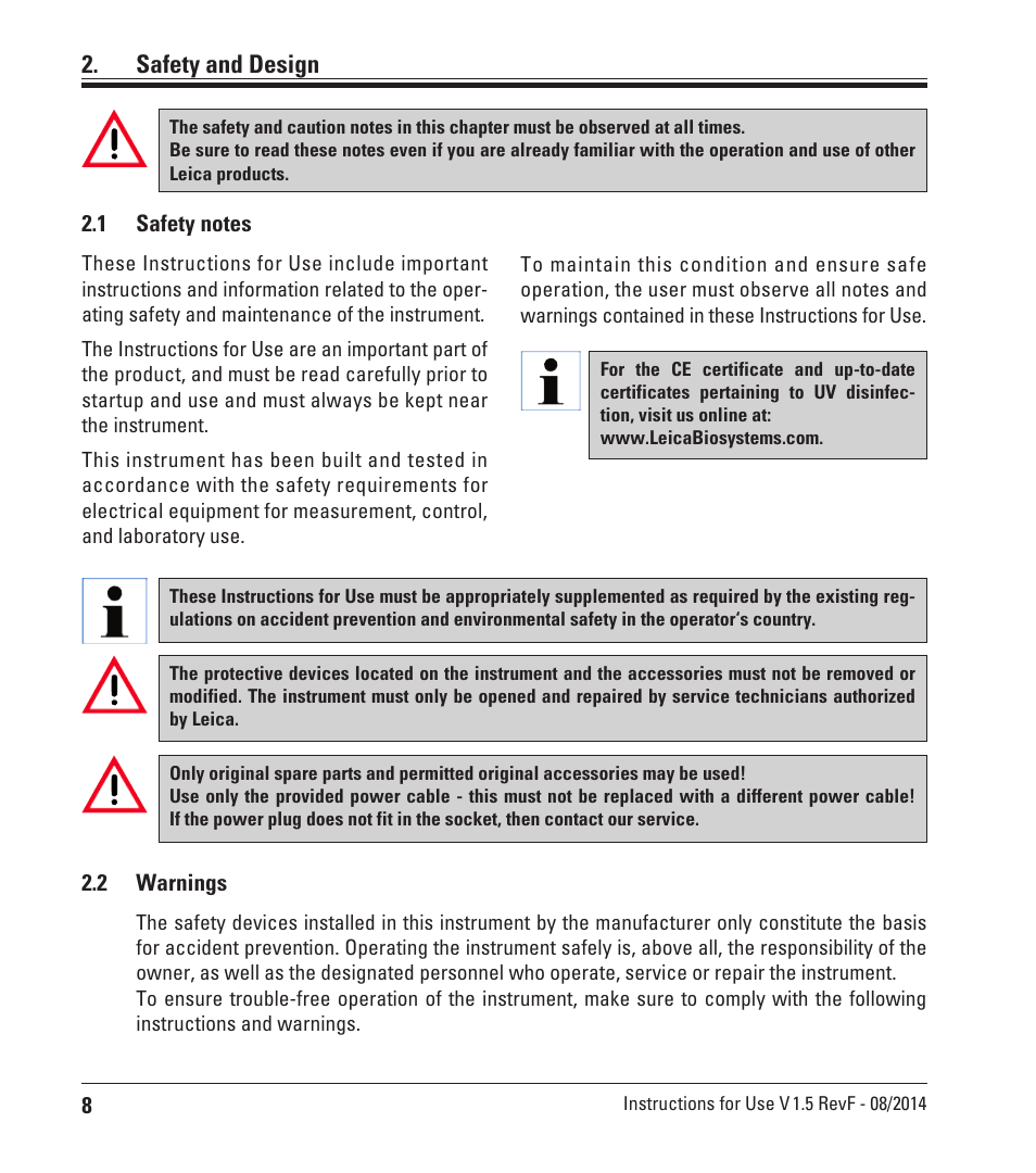 Safety and design, 1 safety notes, 2 warnings | Safety notes | Leica Biosystems CM1950 User Manual | Page 8 / 78