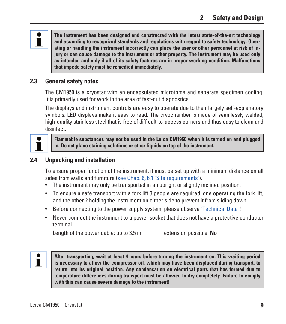 3 general safety notes, 4 unpacking and installation, General safety notes | Unpacking and installation, Safety and design | Leica Biosystems CM1950 User Manual | Page 9 / 78