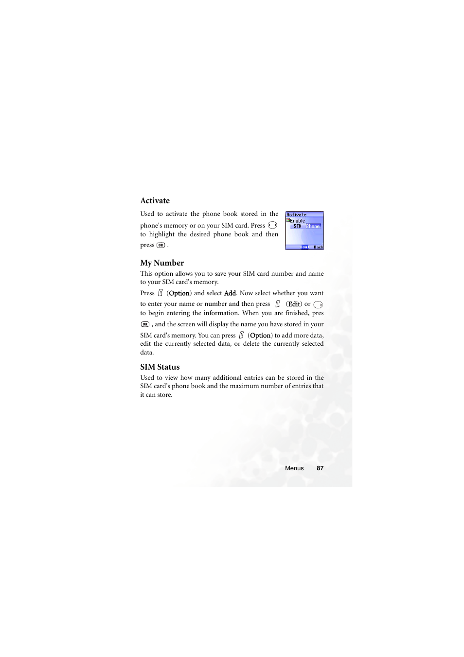 Activate, My number, Sim status | Activate my number sim status | BenQ S660C User Manual | Page 101 / 174