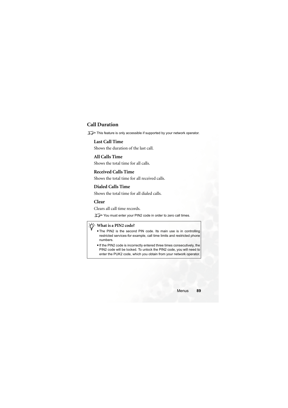 Call duration | BenQ S660C User Manual | Page 103 / 174