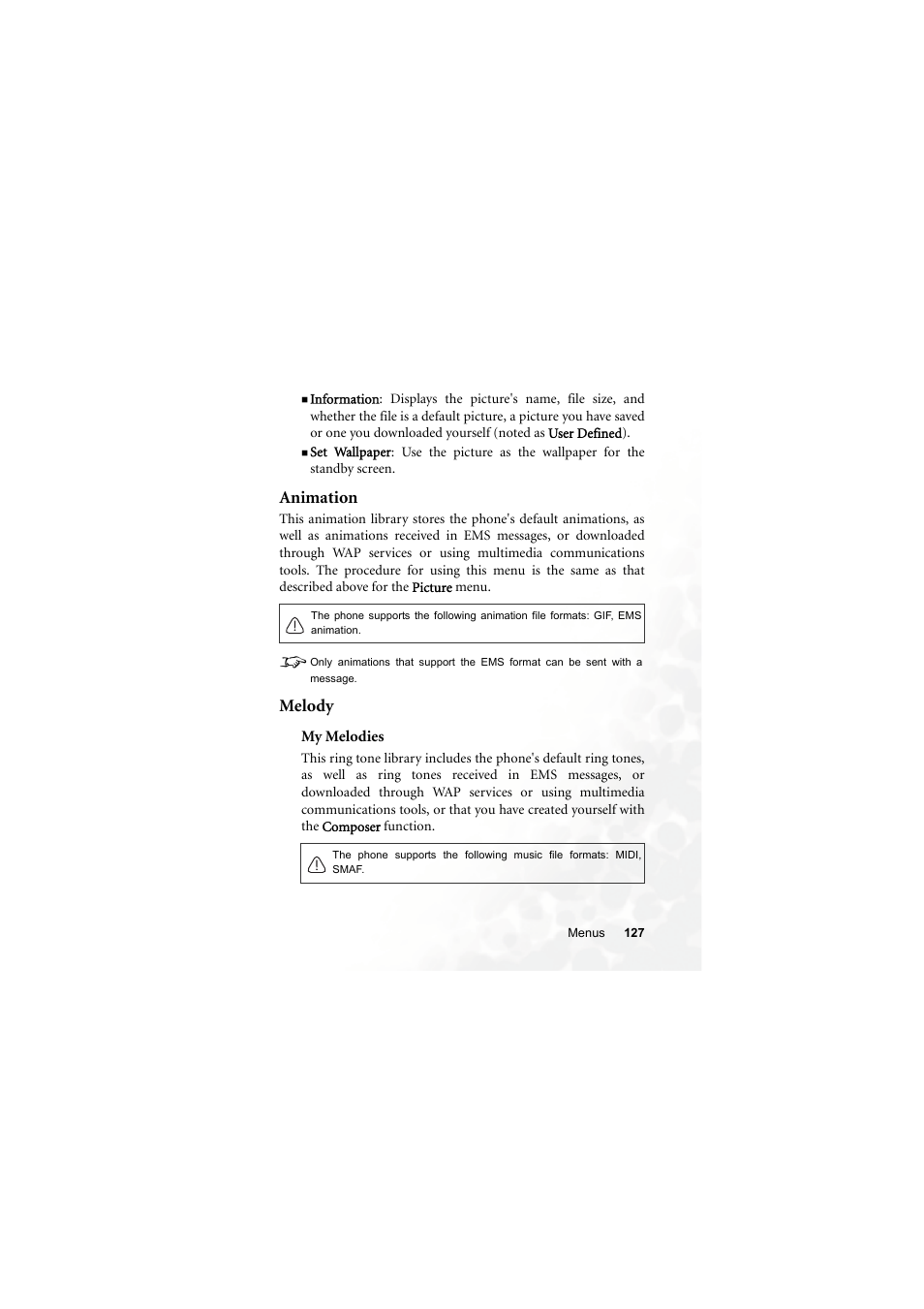 Animation, Melody, My melodies | Animation melody | BenQ S660C User Manual | Page 141 / 174