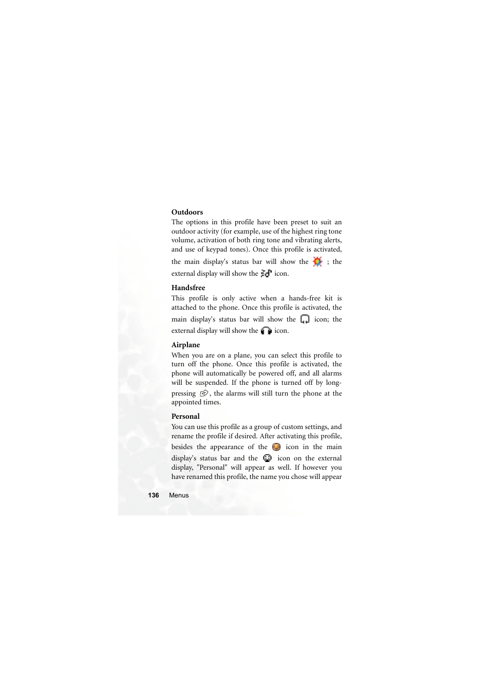 Outdoors, Handsfree, Airplane | Personal | BenQ S660C User Manual | Page 150 / 174