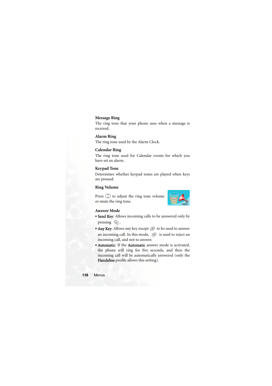 Message ring, Alarm ring, Calendar ring | Keypad tone, Ring volume, Answer mode | BenQ S660C User Manual | Page 152 / 174