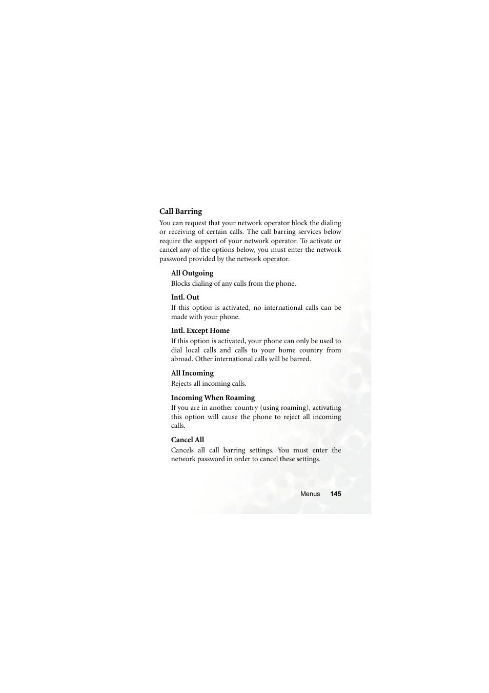 Call barring, All outgoing, Intl. out | Intl. except home, All incoming, Incoming when roaming, Cancel all | BenQ S660C User Manual | Page 159 / 174