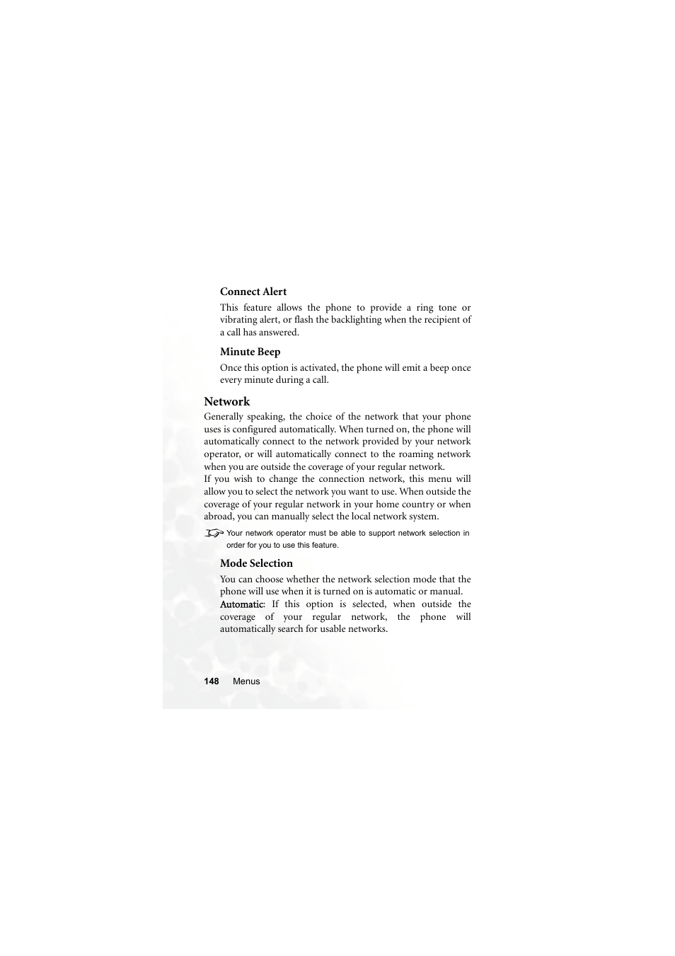 Connect alert, Minute beep, Network | Mode selection, Connect alert minute beep | BenQ S660C User Manual | Page 162 / 174