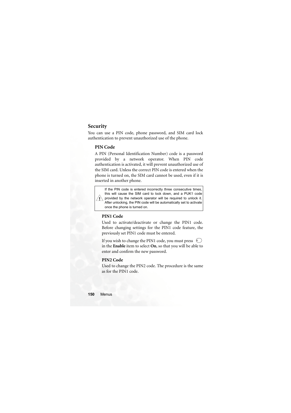 Security, Pin code, Pin1 code | Pin2 code | BenQ S660C User Manual | Page 164 / 174