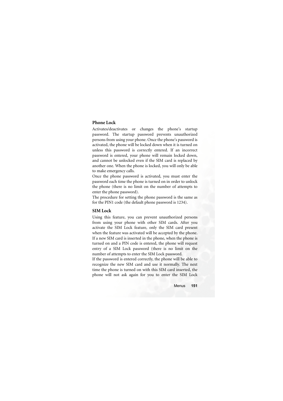 Phone lock, Sim lock, Phone lock sim lock | BenQ S660C User Manual | Page 165 / 174