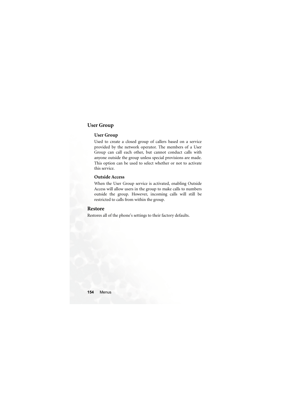 User group, Restore, User group restore | BenQ S660C User Manual | Page 168 / 174