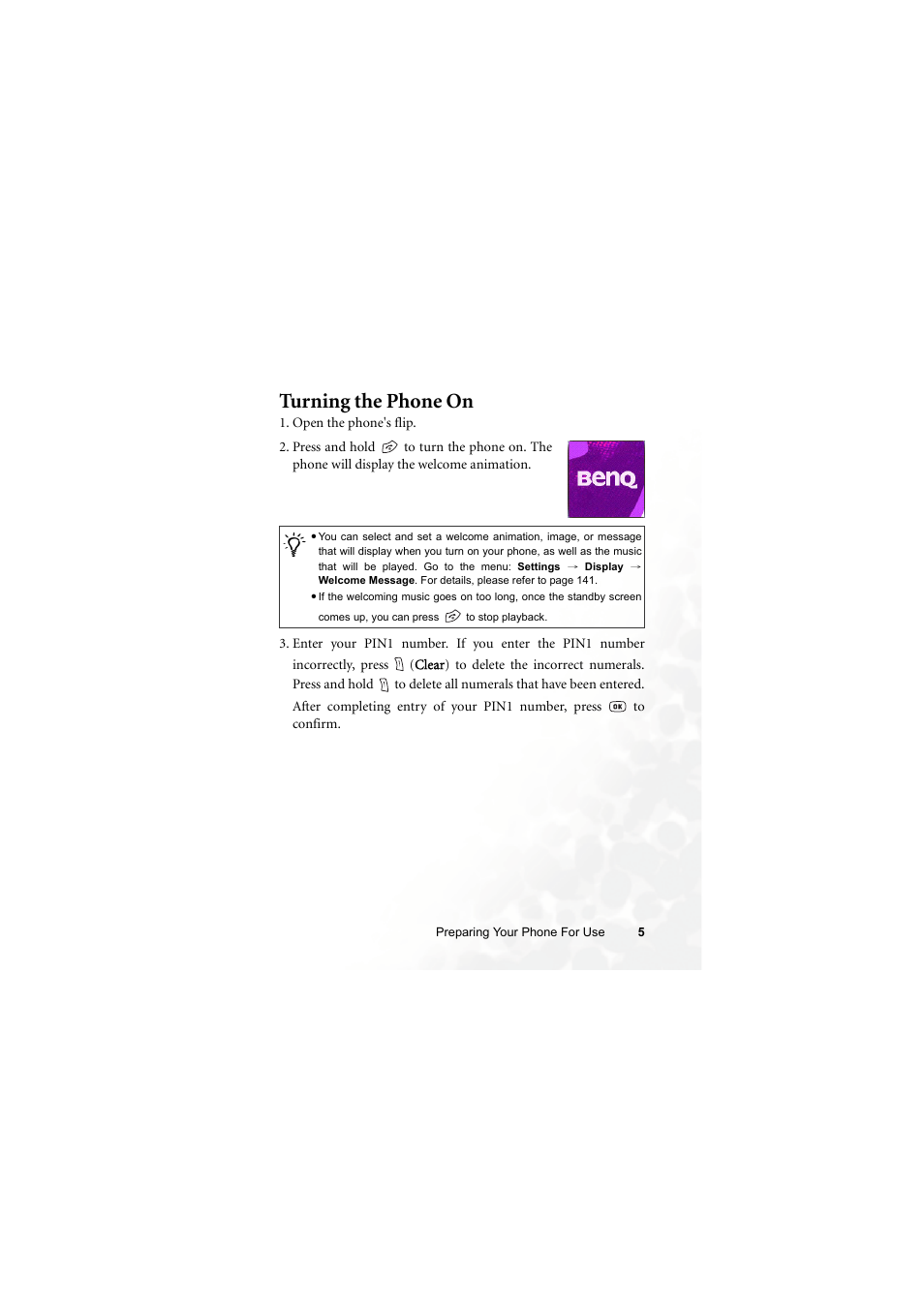 Turning the phone on | BenQ S660C User Manual | Page 19 / 174