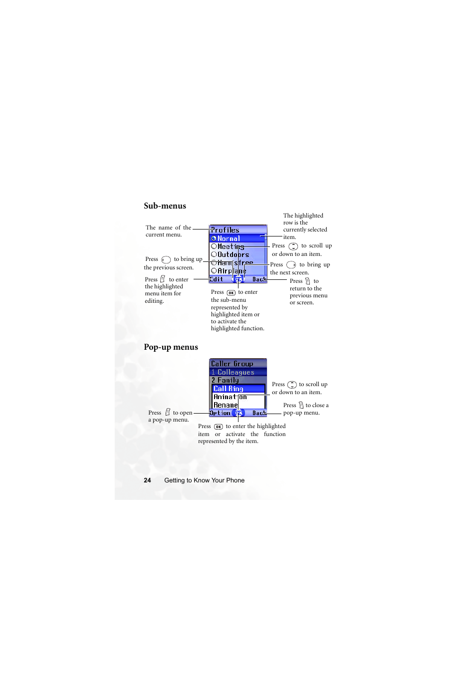 Sub-menus pop-up menus | BenQ S660C User Manual | Page 38 / 174