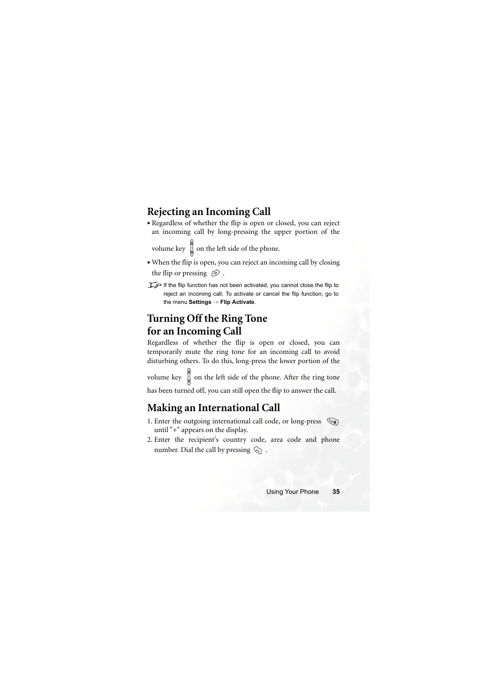 Rejecting an incoming call, Turning off the ring tone for an incoming call, Making an international call | BenQ S660C User Manual | Page 49 / 174