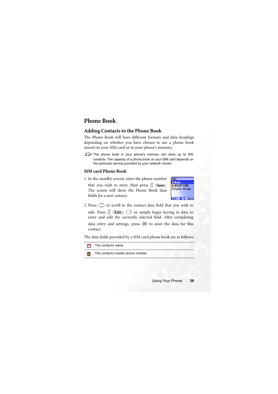 Phone book, Adding contacts to the phone book | BenQ S660C User Manual | Page 53 / 174