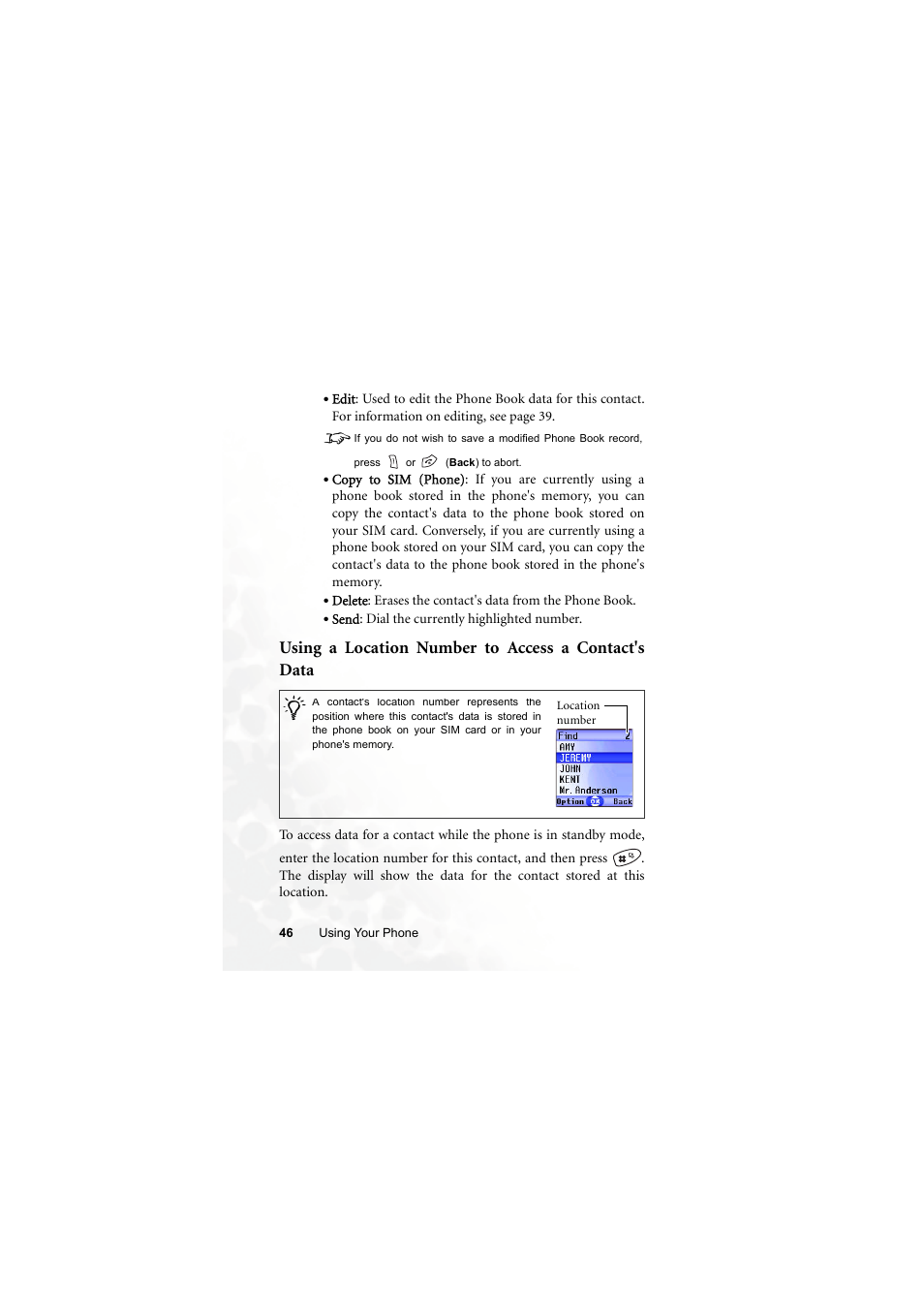 Using a location number to access a contact's data | BenQ S660C User Manual | Page 60 / 174