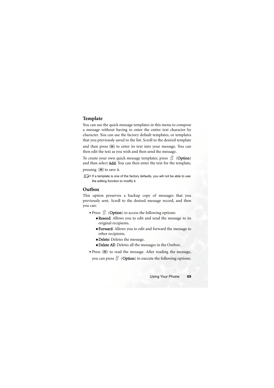 Template, Outbox, Template outbox | BenQ S660C User Manual | Page 83 / 174