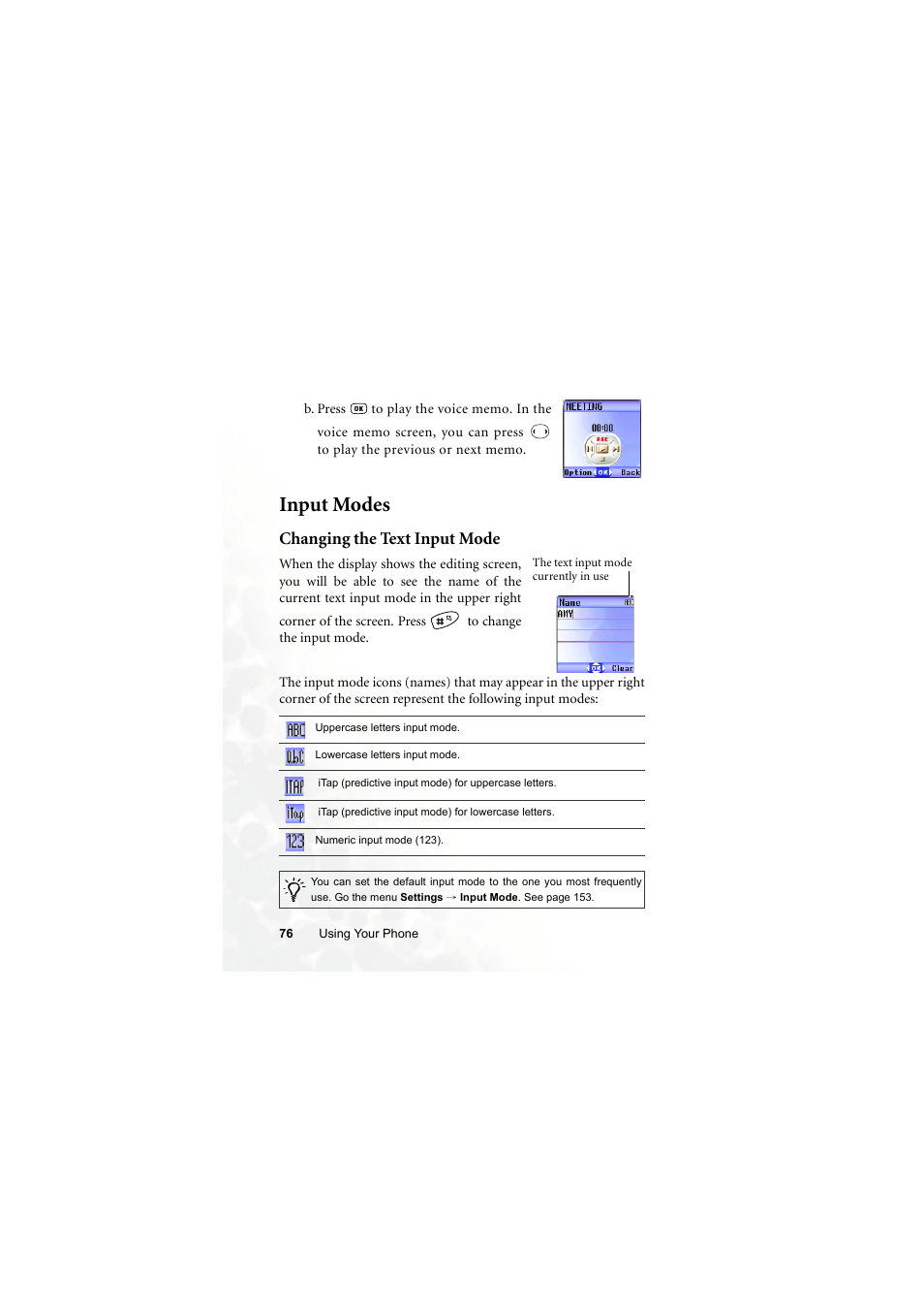 Input modes, Changing the text input mode | BenQ S660C User Manual | Page 90 / 174