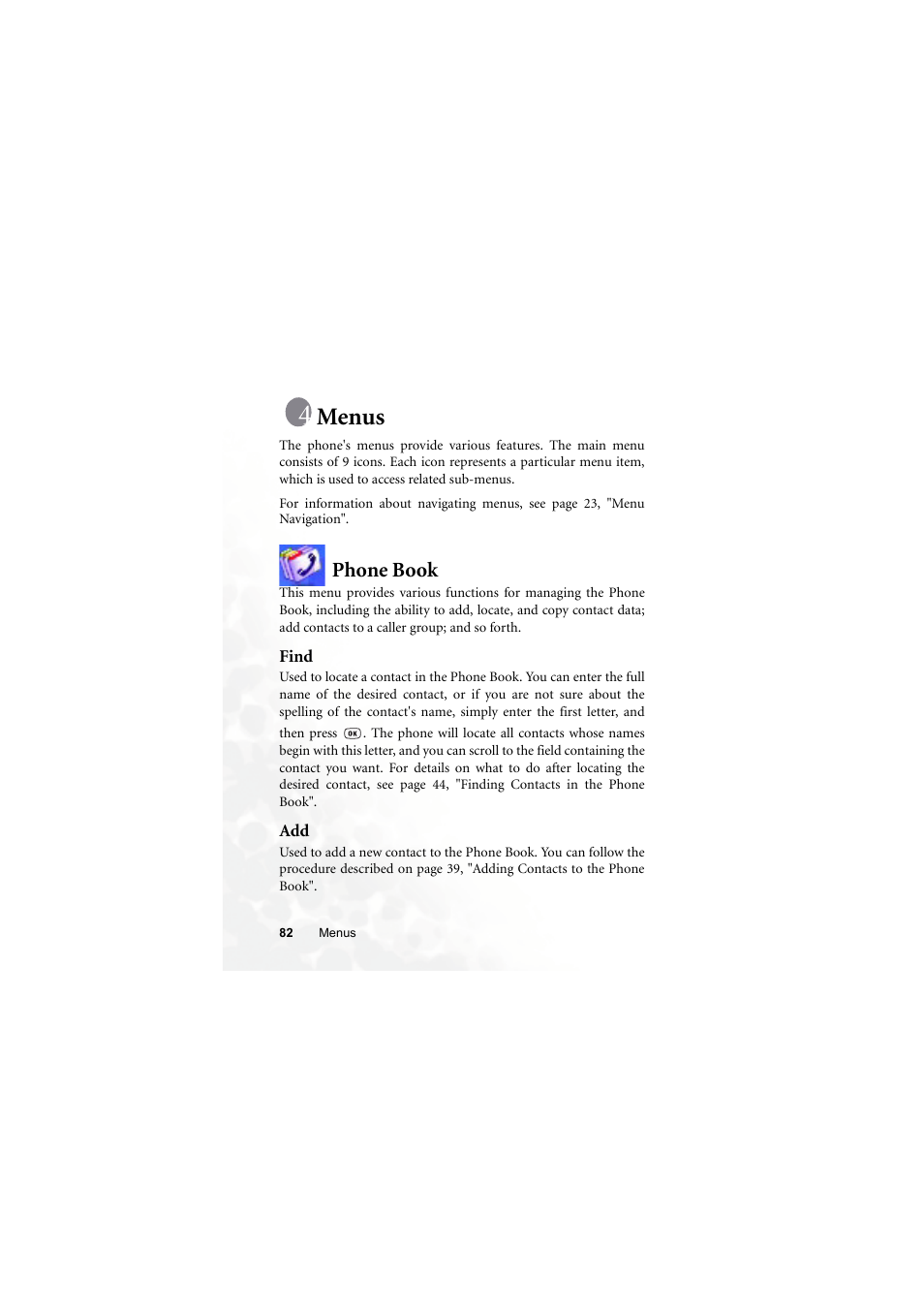 Menus, Phone book, Find | Find add | BenQ S660C User Manual | Page 96 / 174