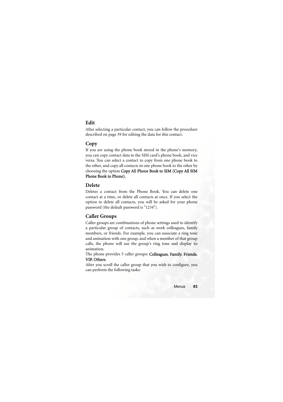 Edit, Copy, Delete | Caller groups, Edit copy delete caller groups | BenQ S660C User Manual | Page 97 / 174
