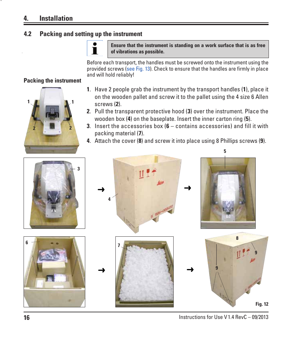 2 packing and setting up the instrument, Packing and setting up the instrument, Installation | Leica Biosystems VT1200/VT1200 S User Manual | Page 18 / 62