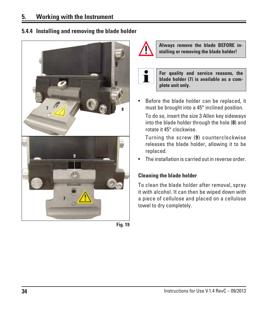 4 installing and removing the blade holder, Working with the instrument | Leica Biosystems VT1200/VT1200 S User Manual | Page 36 / 62