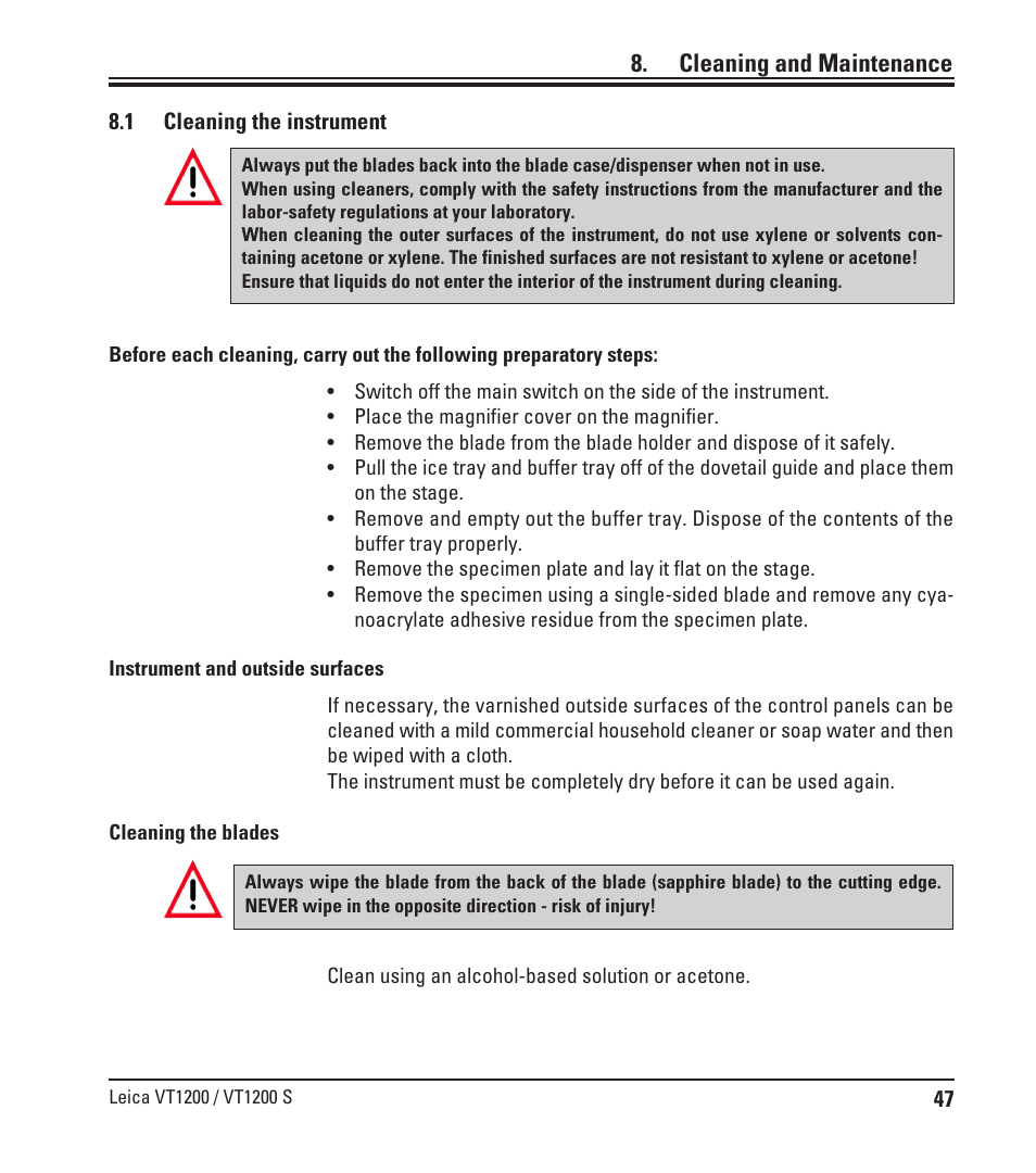 Cleaning and maintenance, 1 cleaning the instrument, Cleaning the instrument | Leica Biosystems VT1200/VT1200 S User Manual | Page 49 / 62