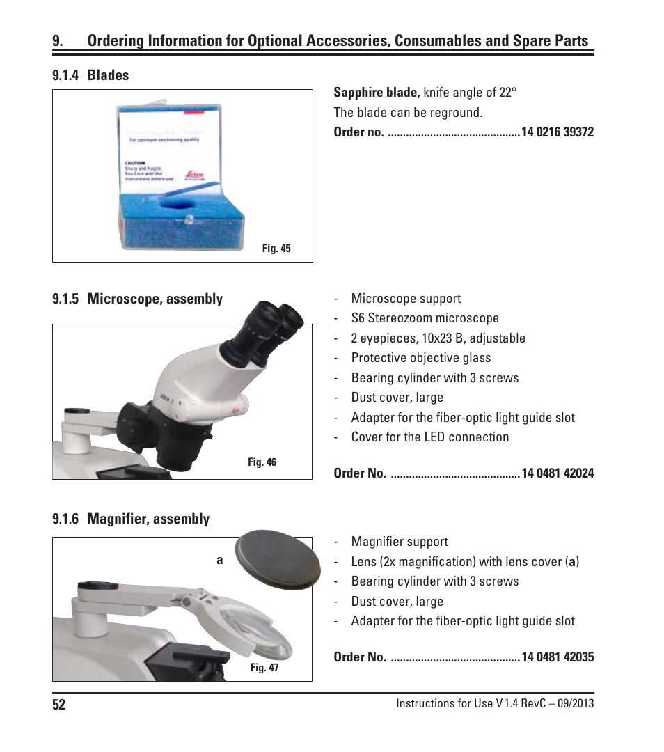 4 blades, 5 microscope, assembly, 6 magnifier, assembly | Leica Biosystems VT1200/VT1200 S User Manual | Page 54 / 62