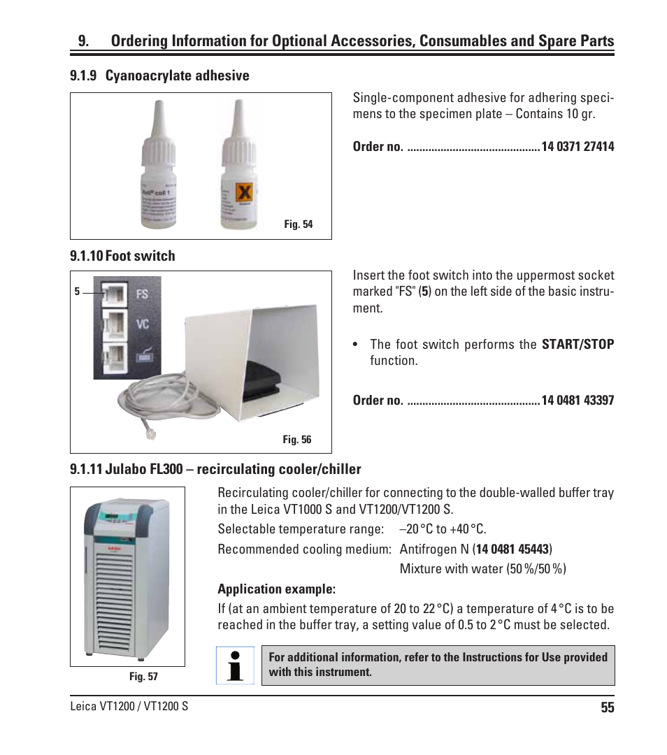 9 cyanoacrylate adhesive, 10 foot switch, 11 julabo fl300 – recirculating cooler/chiller | Leica Biosystems VT1200/VT1200 S User Manual | Page 57 / 62