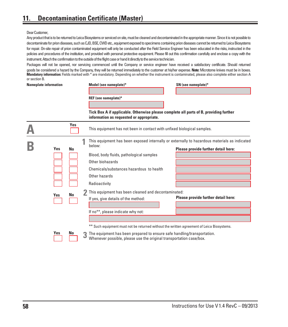 Decontamination certificate(master), Decontamination certificate (master), Decontamination certificate | Leica Biosystems VT1200/VT1200 S User Manual | Page 60 / 62