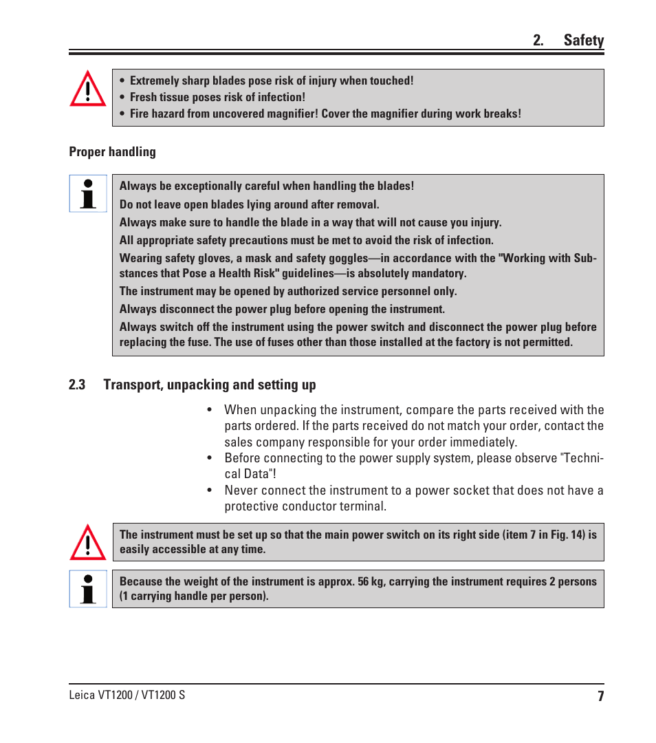 3 transport, unpacking and setting up, Transport, unpacking and setting up, Safety | Leica Biosystems VT1200/VT1200 S User Manual | Page 9 / 62