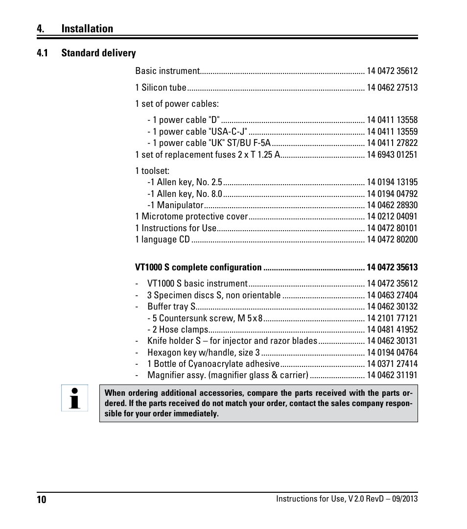 Installation, 1 standard delivery, Standard delivery | Leica Biosystems VT1000 S User Manual | Page 12 / 42