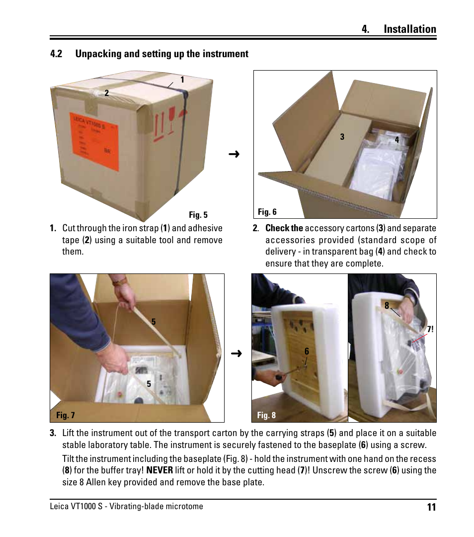2 unpacking and setting up the instrument, Unpacking and setting up the instrument, Installation | Leica Biosystems VT1000 S User Manual | Page 13 / 42