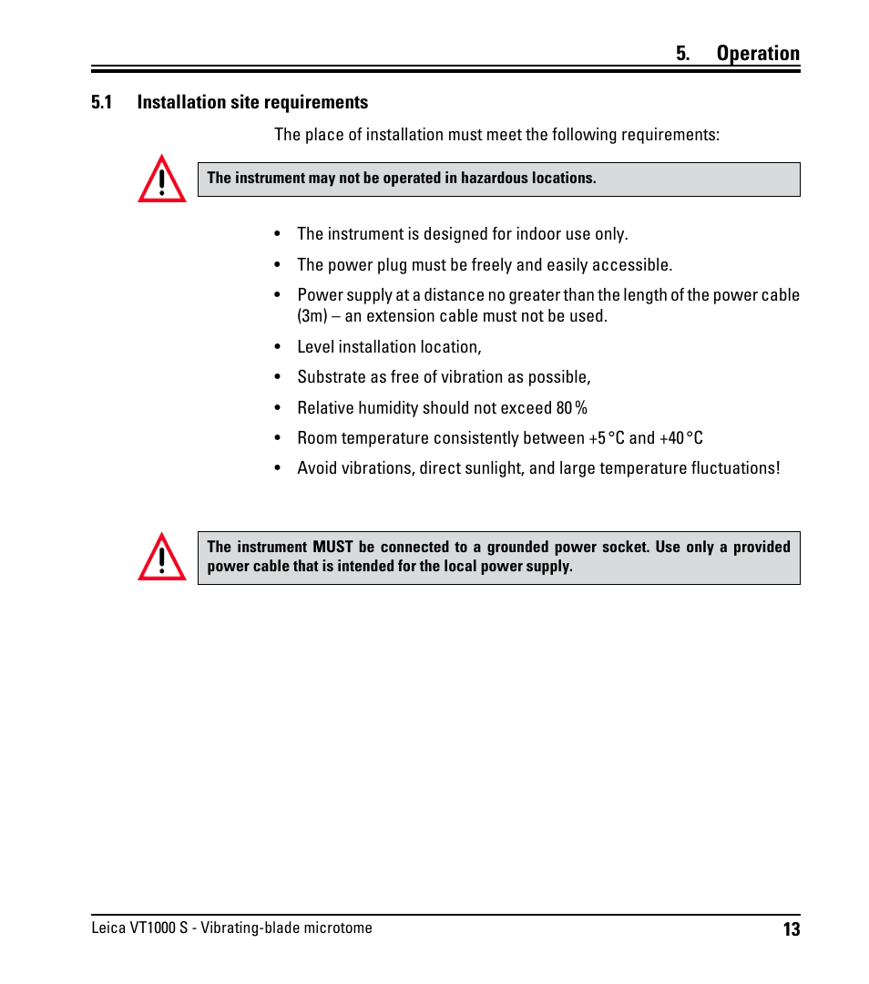 Operation, 1 installation site requirements, Installation site requirements | Leica Biosystems VT1000 S User Manual | Page 15 / 42