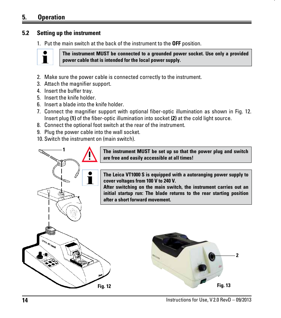 2 setting up the instrument, Setting up the instrument, Operation | Leica Biosystems VT1000 S User Manual | Page 16 / 42