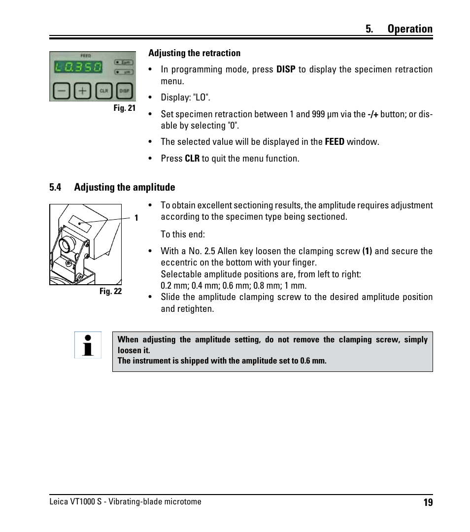 4 adjusting the amplitude, Adjusting the amplitude, Operation | Leica Biosystems VT1000 S User Manual | Page 21 / 42