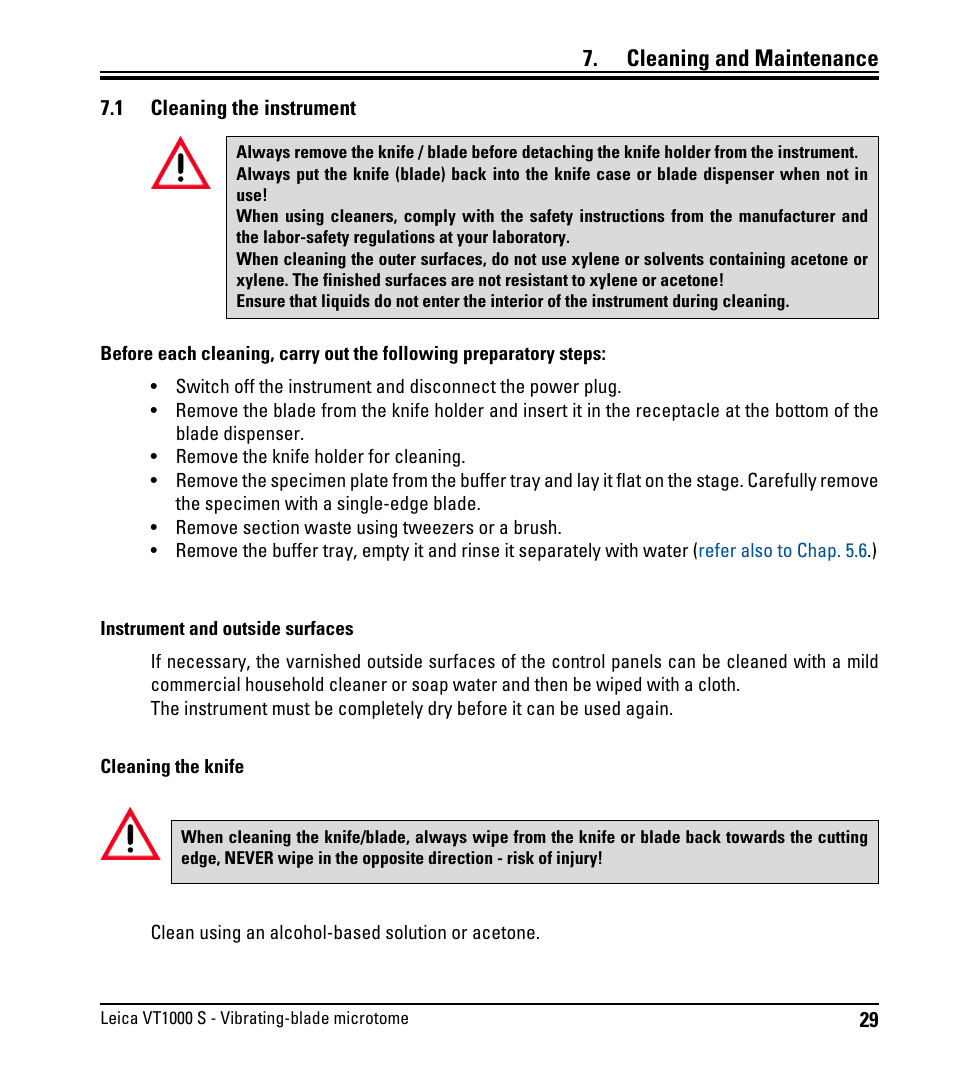 Cleaning and maintenance, 1 cleaning the instrument, Cleaning the instrument | Leica Biosystems VT1000 S User Manual | Page 31 / 42