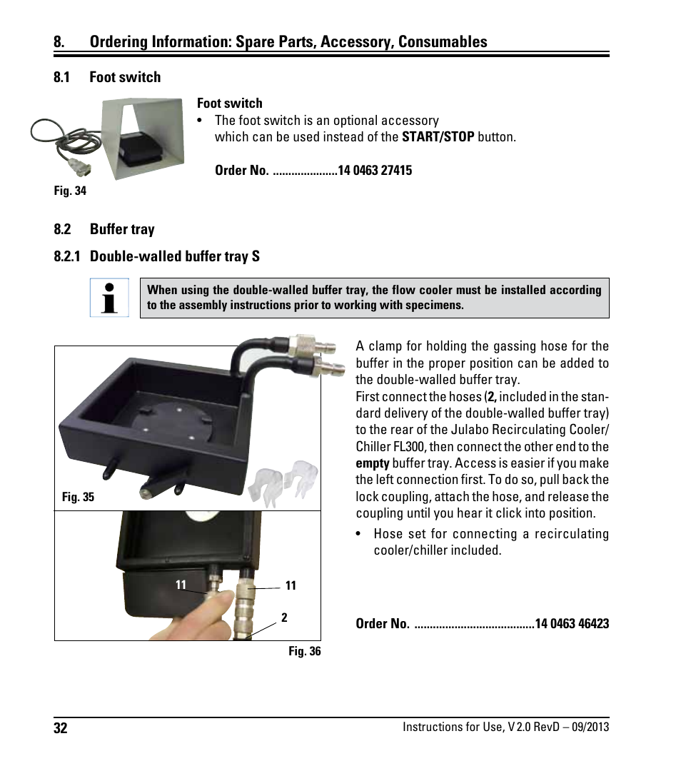 1 foot switch, 2 buffer tray, 1 double-walled buffer tray s | Foot switch, Buffer tray | Leica Biosystems VT1000 S User Manual | Page 34 / 42