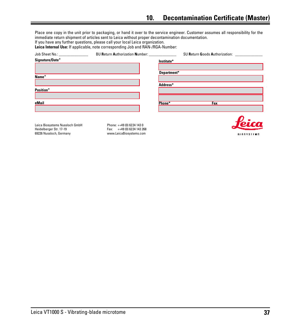 Decontamination certificate, Decontamination certificate (master) | Leica Biosystems VT1000 S User Manual | Page 39 / 42
