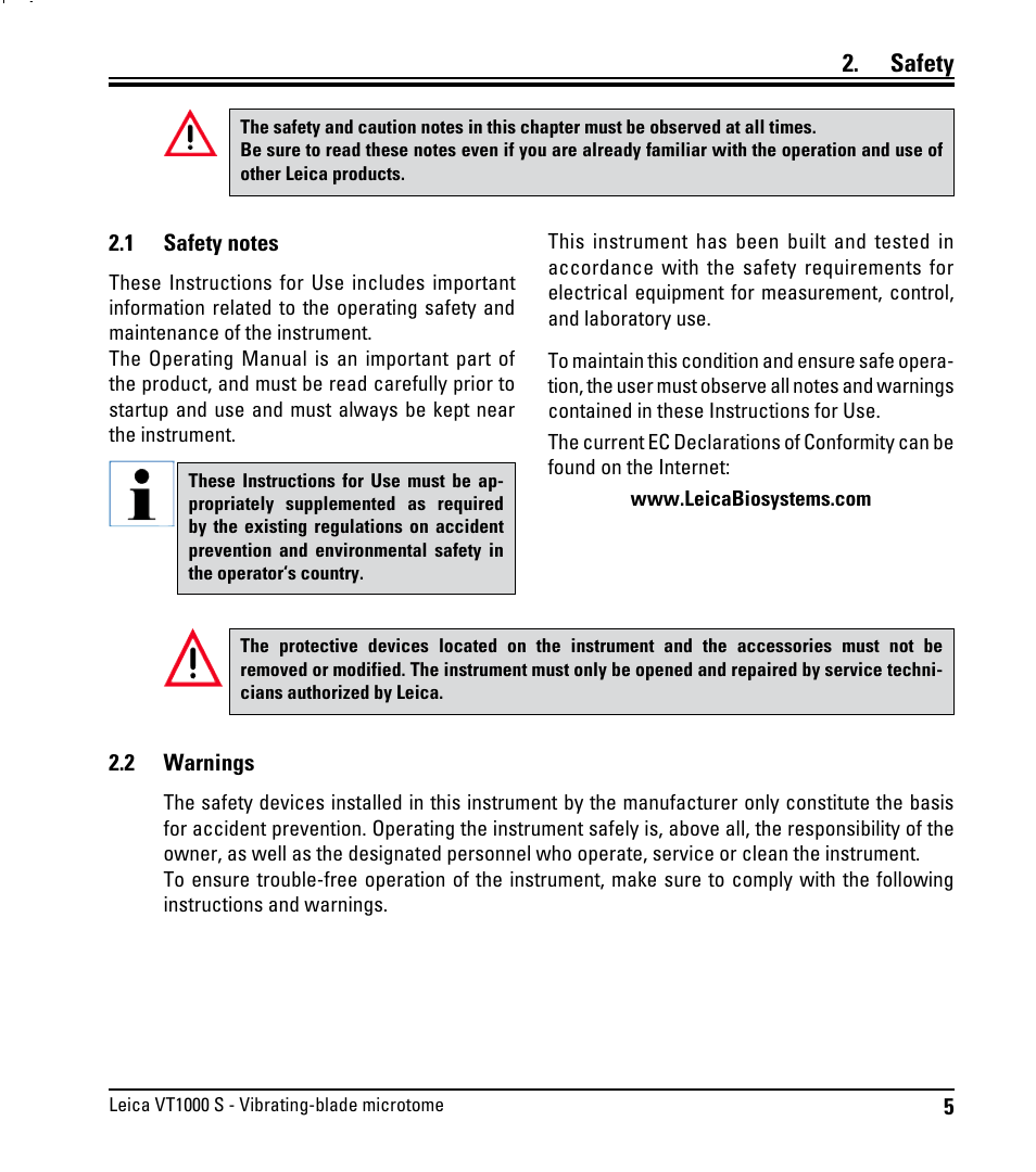 Safety, 1 safety notes, 2 warnings | Safety notes | Leica Biosystems VT1000 S User Manual | Page 7 / 42