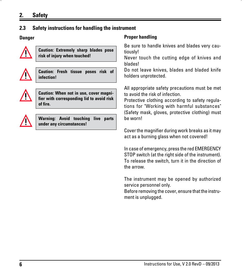 3 safety instructions for handling the instrument, Safety instructions for handling the instrument, Safety | Leica Biosystems VT1000 S User Manual | Page 8 / 42