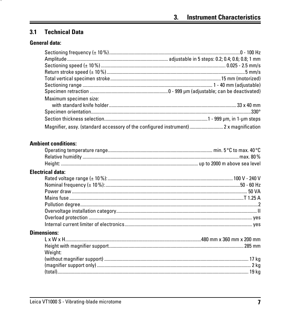 Instrument characteristics, 1 technical data, Technical data | Leica Biosystems VT1000 S User Manual | Page 9 / 42